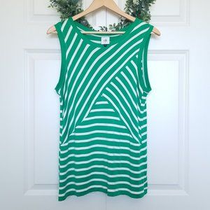 EUC CAbi Amelia Tank Green White Diagonal Horizontal Stripes #5758